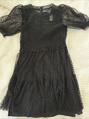 GAP Black Polka Dot Mesh Puff Sleeve Mini Dress